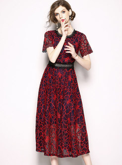 Red Hollow Out Splicing Mesh Dress