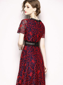 Red Hollow Out Splicing Mesh Dress