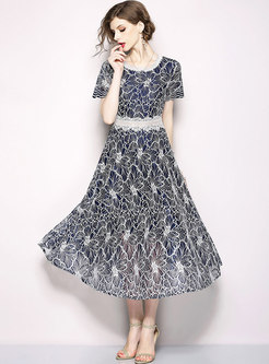 Blue Embroidered Short Sleeve Lace Dress