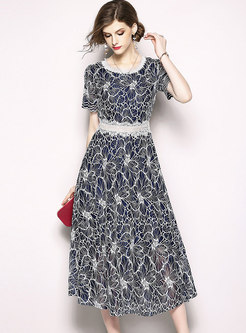 Blue Embroidered Short Sleeve Lace Dress