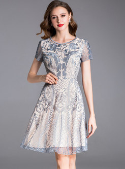 Grey Short Sleeve Embroidery Prom Dress