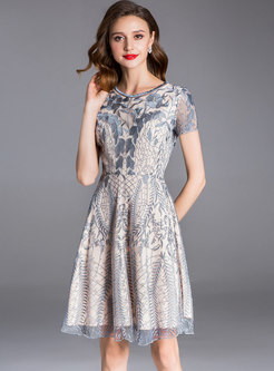 Grey Short Sleeve Embroidery Prom Dress
