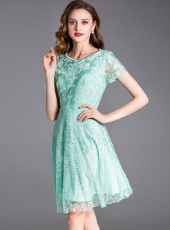 Green Waist Embroidery A Line Dress