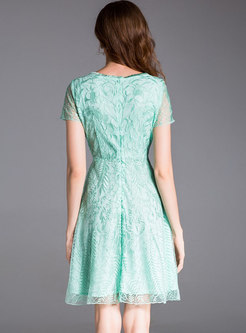 Green Waist Embroidery A Line Dress