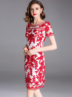 Red Perspective Embroidery Sheath Dress