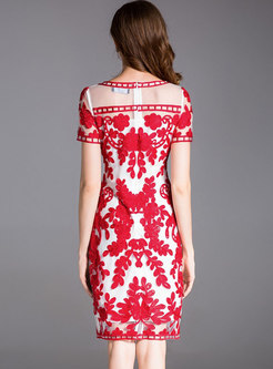 Red Perspective Embroidery Sheath Dress