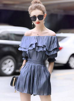 Blue Falbala Off Shoulder Two-piece Outfits