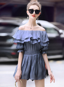 Blue Falbala Off Shoulder Two-piece Outfits