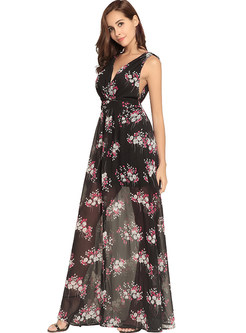 Floral Print V-neck Chiffon Maxi Dress
