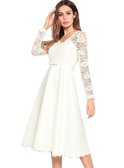White Hollow Out Long Sleeve A Line Dress