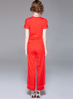 Red Street Round Neck Top & Wide Leg Pants