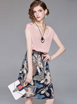 Brief Chiffon Pink Top & A Line Print Skirt