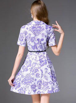 Purple Street Lapel Print A Line Dress