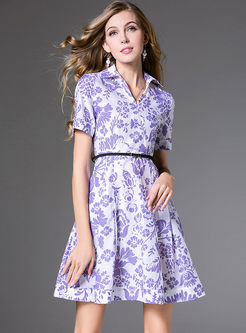 Purple Street Lapel Print A Line Dress
