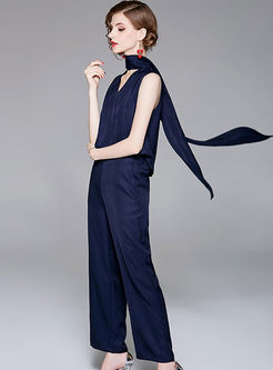 Navy Sleeveless V-neck Pure Color Straight Jumpsuits With Belt 
