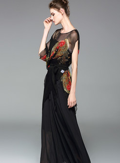 Silk Vintage Print Asymmetric Dress With Underskirt