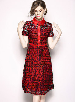 Wine Red Lapel Short Sleeve Lace Midi Dress