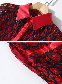 Wine Red Lapel Short Sleeve Lace Midi Dress