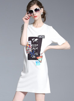 White Casual Cartoon Letter Print T-shirt Dress