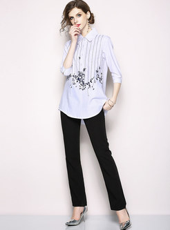 White Lapel Embroidery Loose Blouse