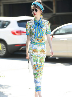 Ethnic Printing Bowknot Lapel Two-piece Outfits