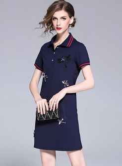 Nail Bead Lapel Embroidered T-shirt Dress