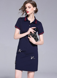 Nail Bead Lapel Embroidered T-shirt Dress