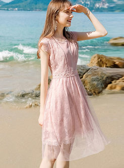 Sweet Solid Color Hollow Out A Line Dress