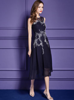 Deep Blue Elegant Embroidery Sleeveless Skater Dress