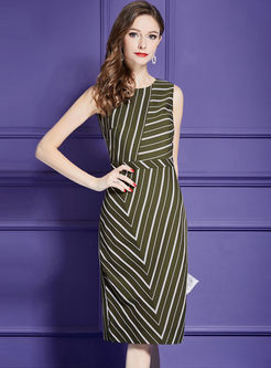 Slim Green Striped Sleeveless Splicing Bodycon Dress