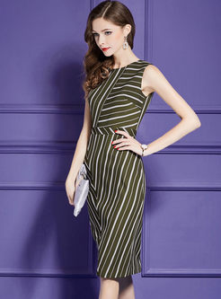Slim Green Striped Sleeveless Splicing Bodycon Dress