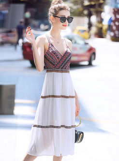 Trendy Stitching Print V-neck Sun Dress