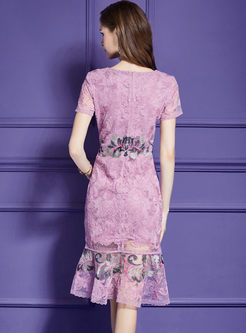 Pink Embroidery Short Sleeve Mermaid Sheath Dress