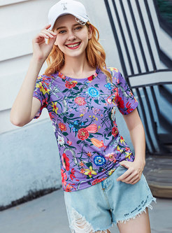 Purple Flower Print Fashion T-shirt
