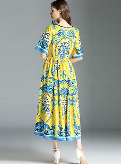 Vintage Floral Print Flare Sleeve Maxi Dress
