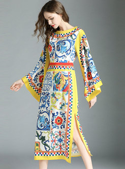 Ethnic Flare Sleeve Printing Slit Maxi Dress