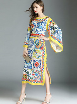 Ethnic Flare Sleeve Printing Slit Maxi Dress