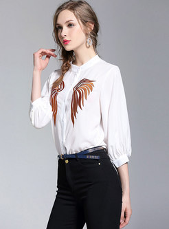 White Embroidery Stand Collar Blouse