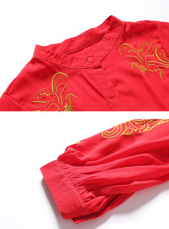 Red Embroidery Lantern Sleeve Chiffon Blouse