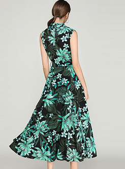 Green Flower Print Notched Neck Maxi Dress