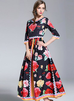 Retro Floral Print Big Hem Maxi Dress
