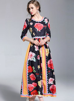 Retro Floral Print Big Hem Maxi Dress