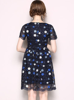 Brief Flower Embroidery Mesh A Line Dress