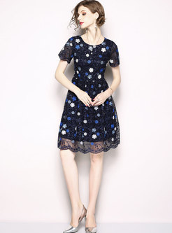 Brief Flower Embroidery Mesh A Line Dress