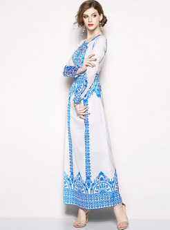 Ethnic Printed Long Sleeve Prom Dress