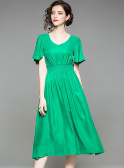 Green Brief Gathered Waist A Line Dress