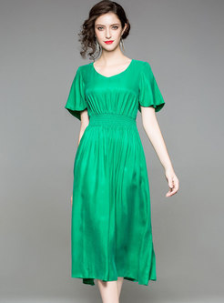 Green Brief Gathered Waist A Line Dress