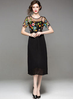 Black Mesh Embroidery Pleated A Line Dress