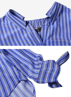 Blue Fashion Striped Tie Silk Blouse