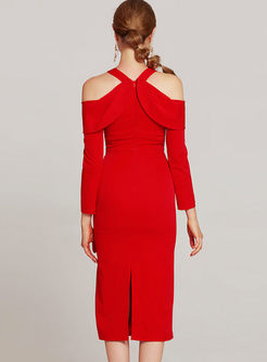 Red Halter Three-quarter Sleeve Formal Slim Dress